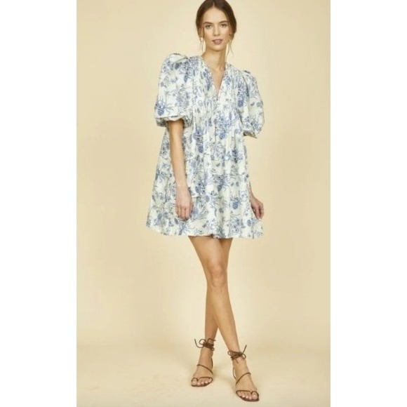HUNTER BELL Dresses & Skirts - Hunter Bell Jenkins Gardenia Mini Dress Floral Blue and Beige Puff Sleeves Large